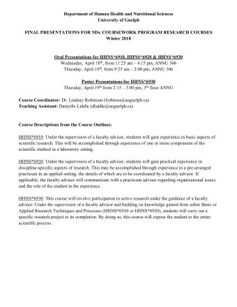 Department of Human Health and Nutritional Sciences  University of Guelph  FINAL PRESENTATIONS FOR