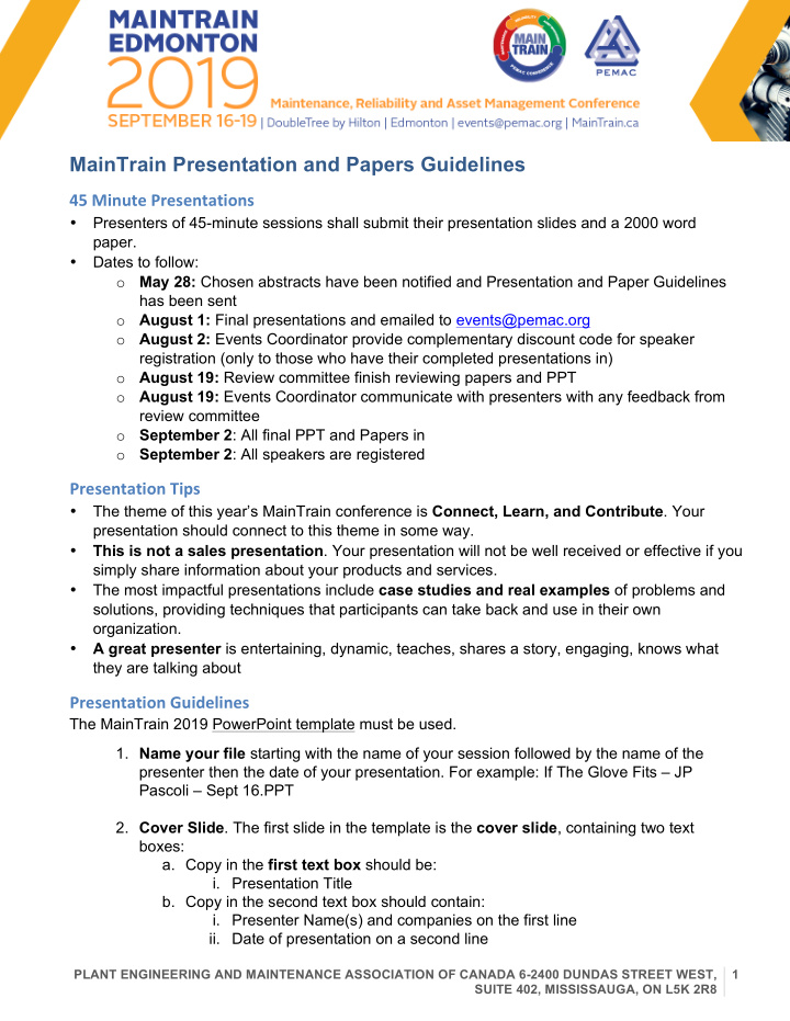 maintrain presentation and papers guidelines