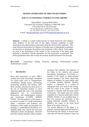 MOTION GENERATION ON TRIM TRAJECTORIES  FOR AN AUTONOMOUS UNDERACTUATED AIRSHIP  Salim HIMA,