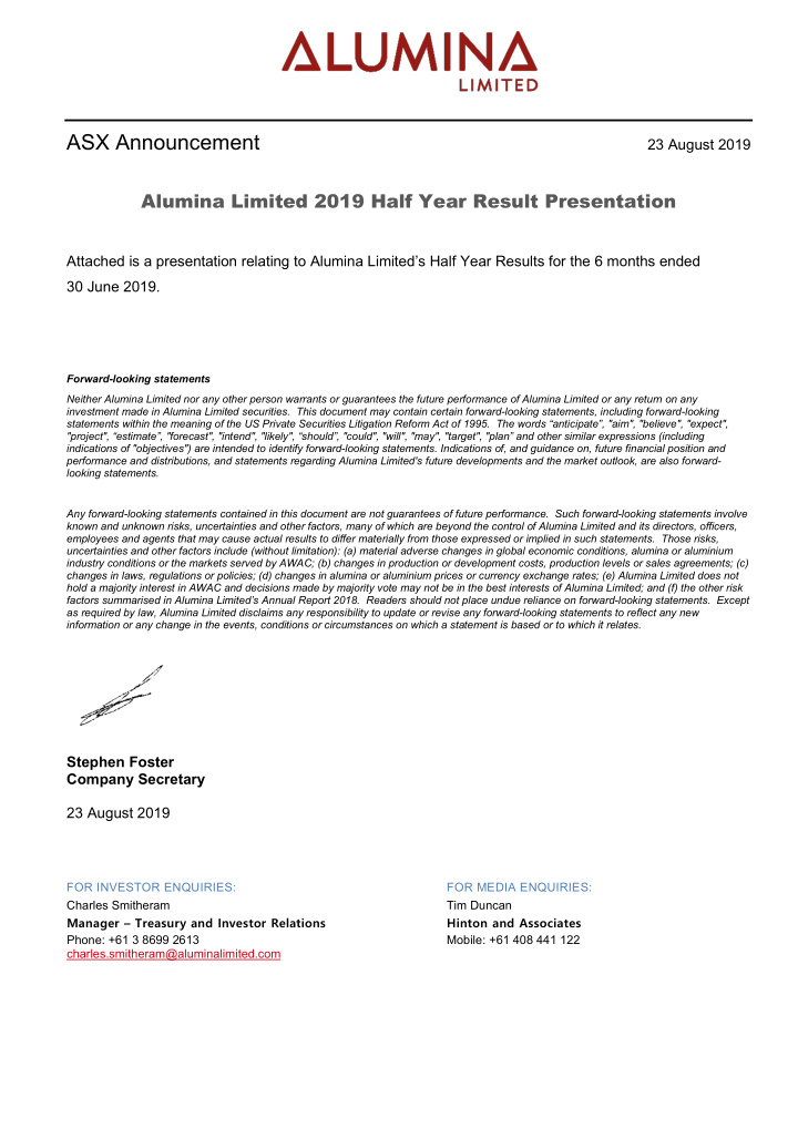 alumina limited 2019 half year results mr mike ferraro