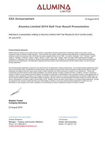 Alumina Limited  2019 Half-Year Results  Mr Mike Ferraro  Managing Director and  Chief Executive