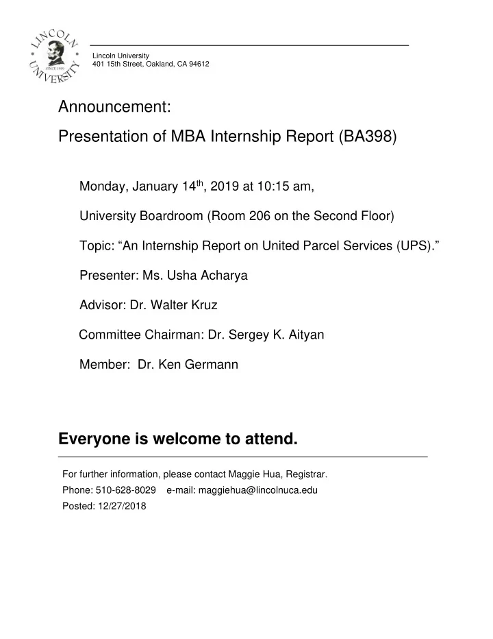 announcement presentation of mba internship report ba398