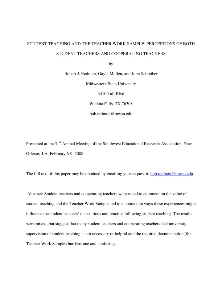 student teaching and the teacher work sample perceptions