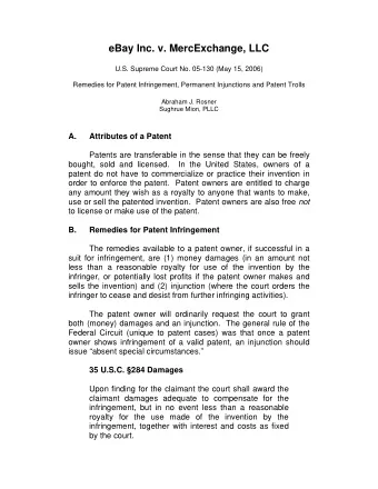 eBay Inc. v. MercExchange, LLC  U.S. Supreme Court No. 05-130 (May 15, 2006)  Remedies for Patent