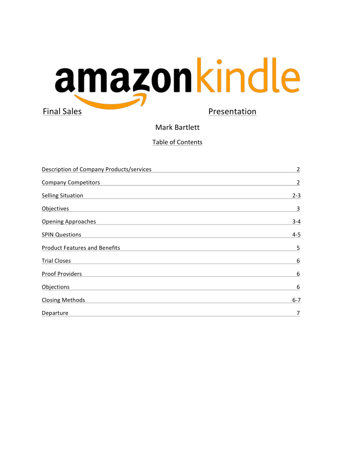 final sales presentation mark bartlett table of contents