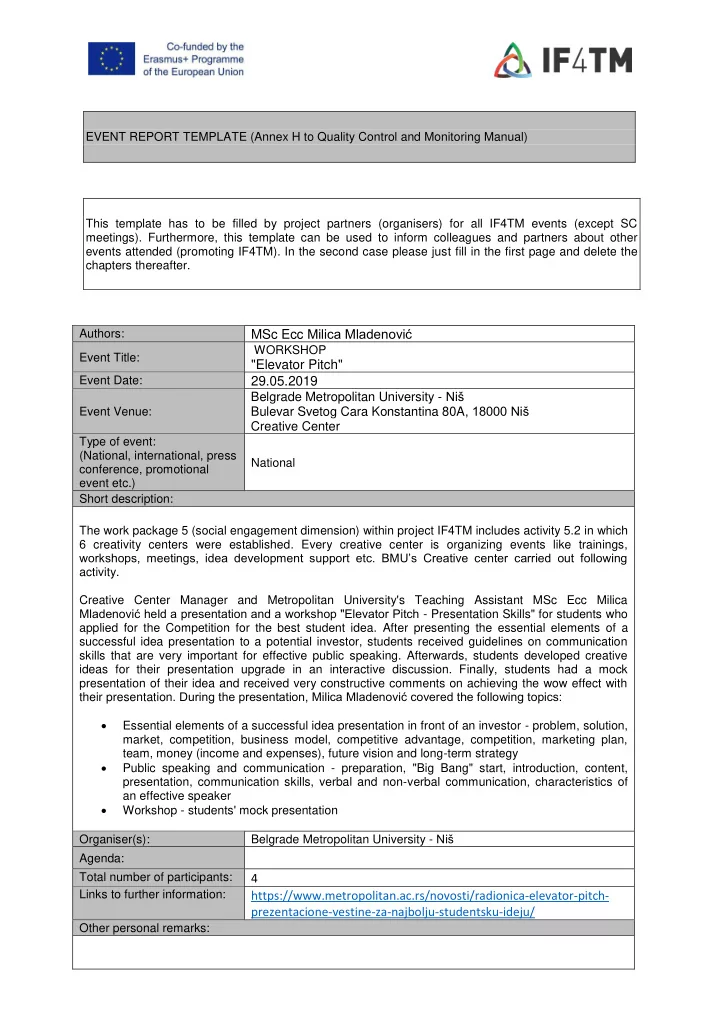 event report template annex h to quality control and