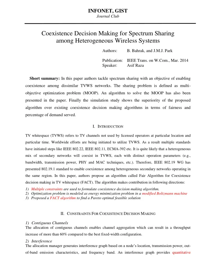 coexistence decision making for spectrum sharing