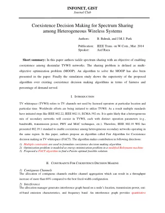 Coexistence Decision Making for Spectrum Sharing among Heterogeneous Wireless Systems  Authors:  B.