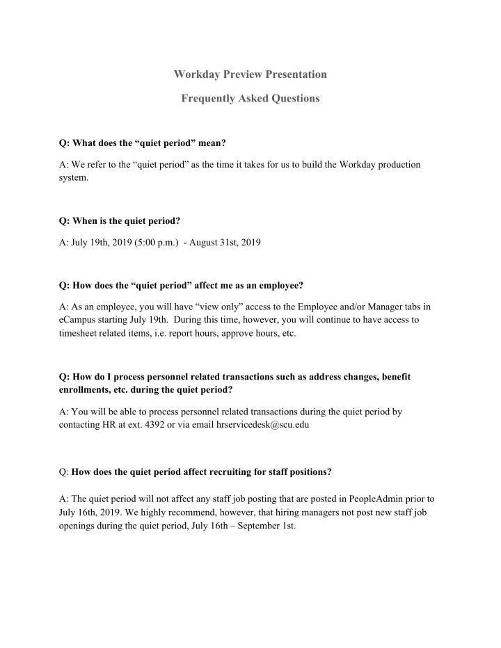 workday preview presentation frequently asked questions