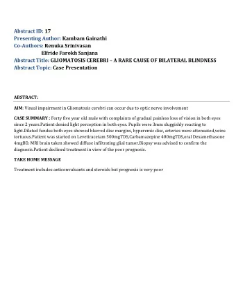 Abstract ID: 17  Presenting Author: Kambam Gainathi  Co-Authors: Renuka Srinivasan  Elfride Farokh