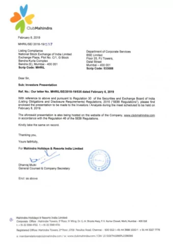 ClubMahindra February 8, 2019 MHRIL/SE/ 2018-19/537 Listing Compliance Department of Corporate