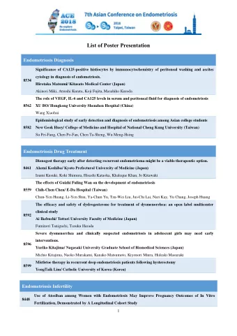List of Poster Presentation Endometriosis Diagnosis  Significance of CA125-positive histiocytes by