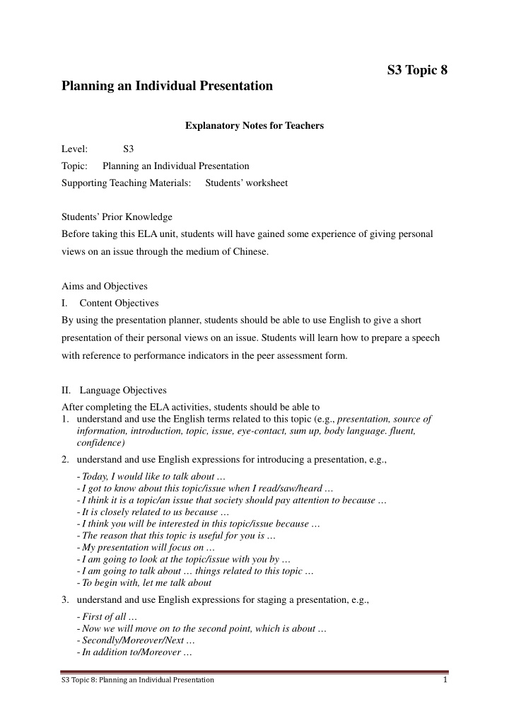 s3 topic 8 planning an individual presentation