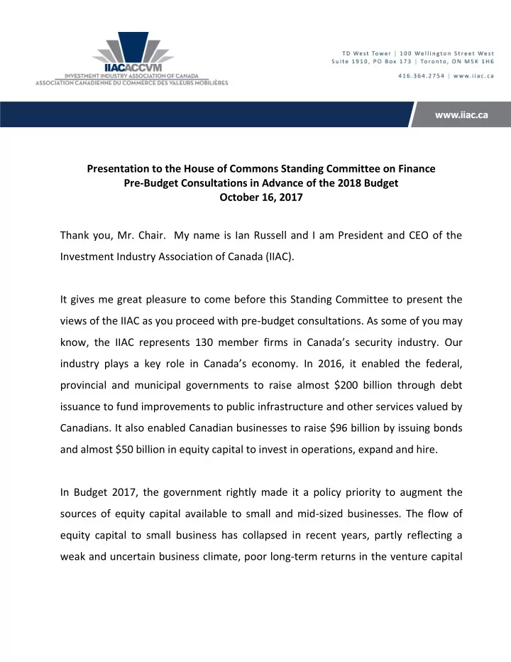 presentation to the house of commons standing committee