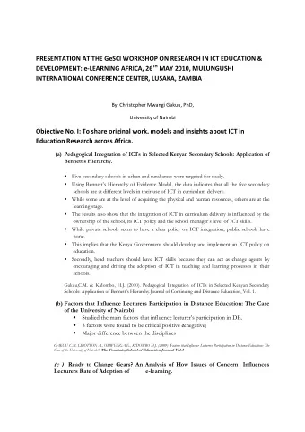 PRESENTATION AT THE GeSCI WORKSHOP ON RESEARCH IN ICT EDUCATION &amp; DEVELOPMENT: e-LEARNING