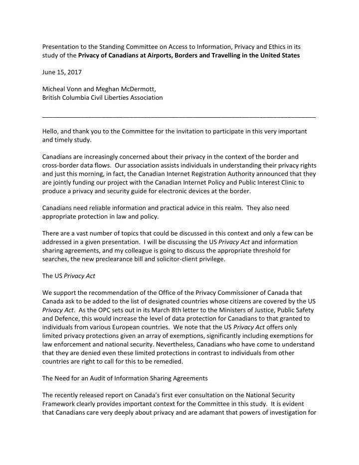 presentation to the standing committee on access to
