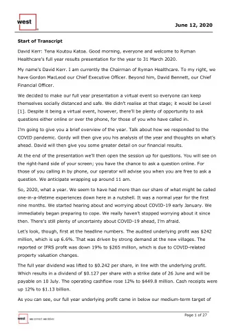 June 12, 2020  Start of Transcript  David Kerr: Tena Koutou Katoa. Good morning, everyone and