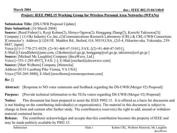 project ieee p802 15 working group for wireless personal