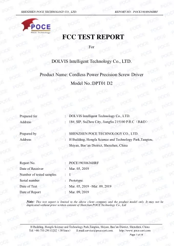FCC TEST REPORT  For  DOLVIS Intelligent Technology Co., LTD.  Product Name: Cordless Power