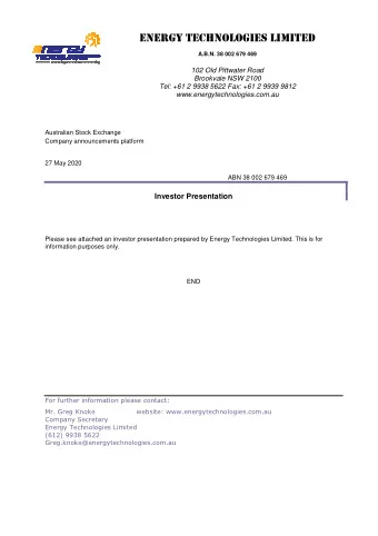 ENERGY TECHNOLOGIES LIMITED  A.B.N. 38 002 679 469  102 Old Pittwater Road  Brookvale NSW 2100