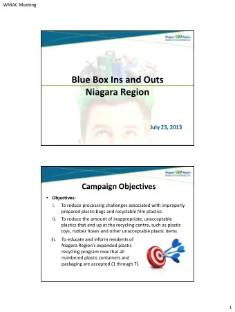 Blue Box Ins and Outs Niagara Region  July 23, 2013  Campaign Objectives  Objectives:  i.  To