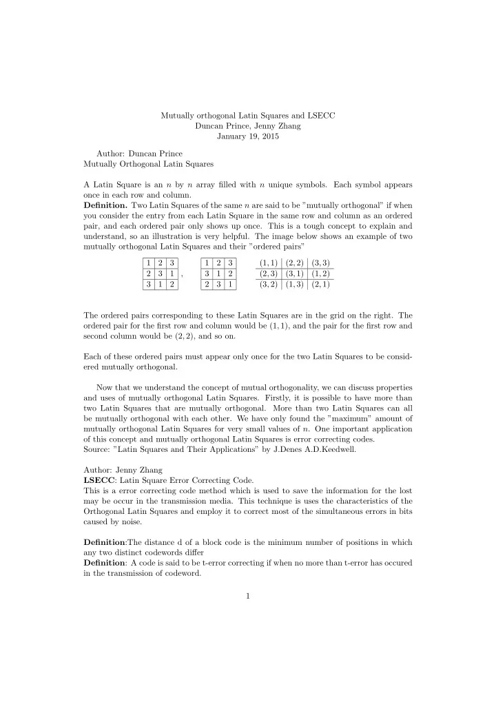 mutually orthogonal latin squares and lsecc duncan prince