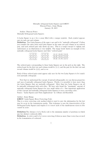 Mutually orthogonal Latin Squares and LSECC  Duncan Prince, Jenny Zhang  January 19, 2015  Author: