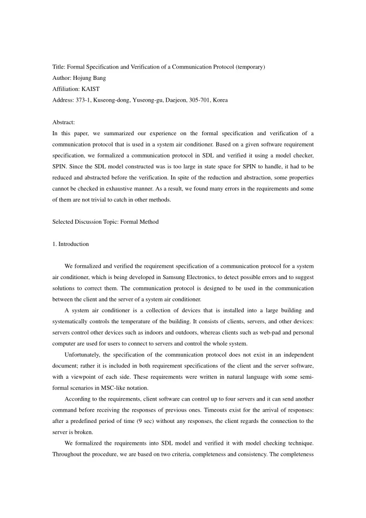 title formal specification and verification of a