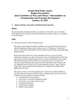 Oregon Real Estate Agency  Budget Presentation  Joint Committee on Ways and Means  Subcommittee