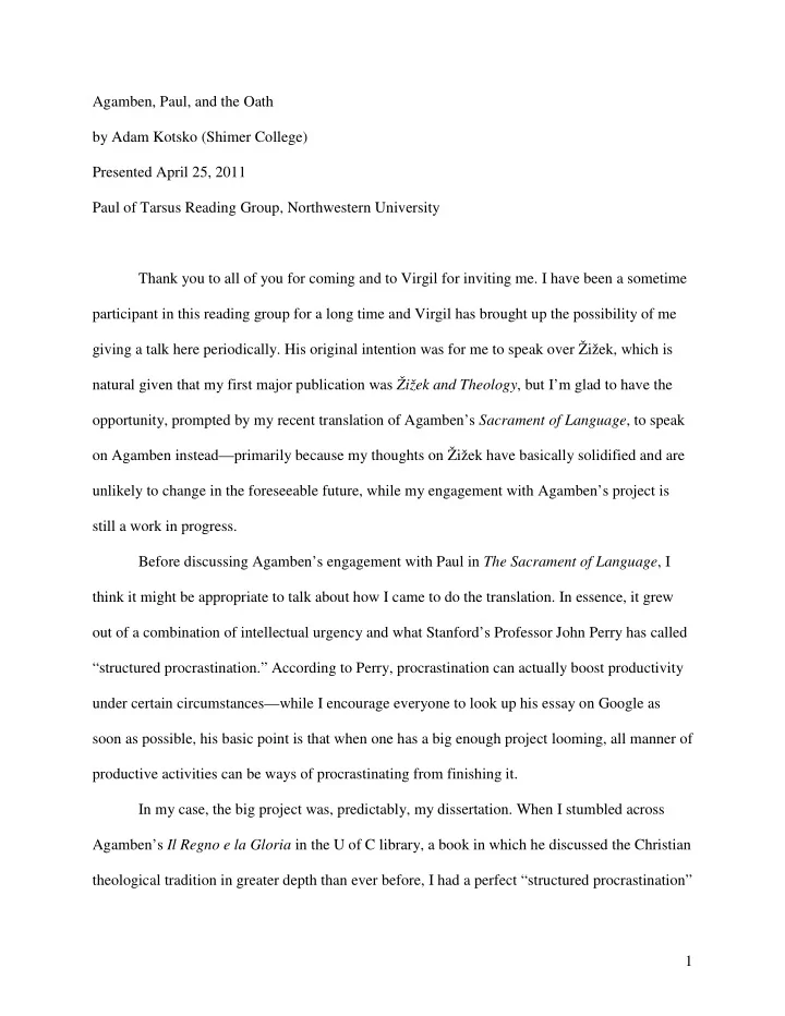 agamben paul and the oath by adam kotsko shimer college