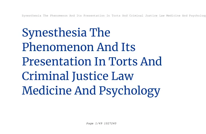 synesthesia the phenomenon and its presentation in torts