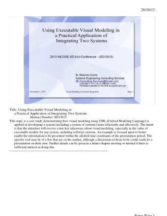 28/10/13  Title: Using Executable Visual Modeling in  a Practical Application of Integrating Two