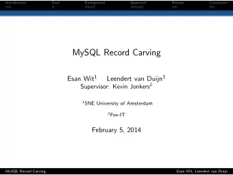 MySQL Record Carving Esan Wit 1 Leendert van Duijn 1 Supervisor: Kevin Jonkers 2 1 SNE University