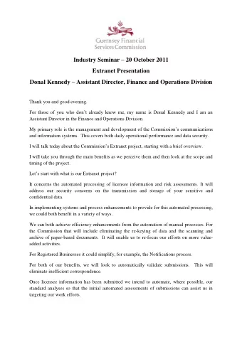 Industry Seminar  20 October 2011  Extranet Presentation Donal Kennedy  Assistant Director,