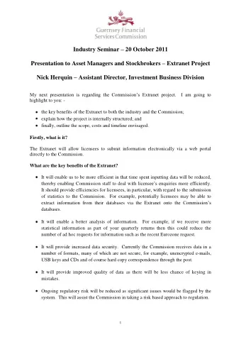 Industry Seminar  20 October 2011 Presentation to Asset Managers and Stockbrokers  Extranet