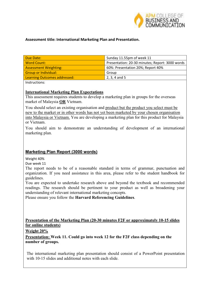 assessment title international marketing plan and