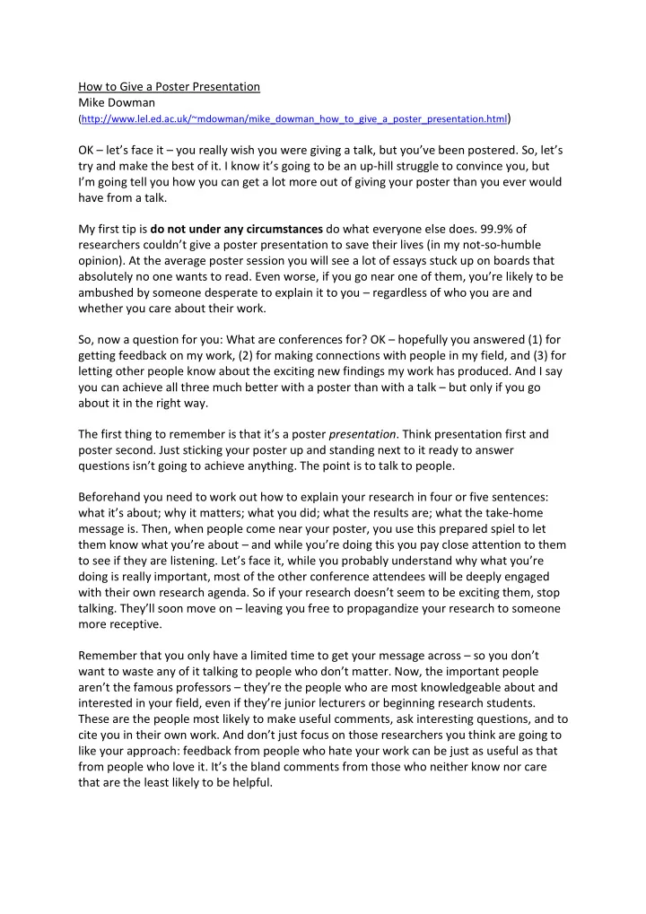how to give a poster presentation mike dowman http lel ed