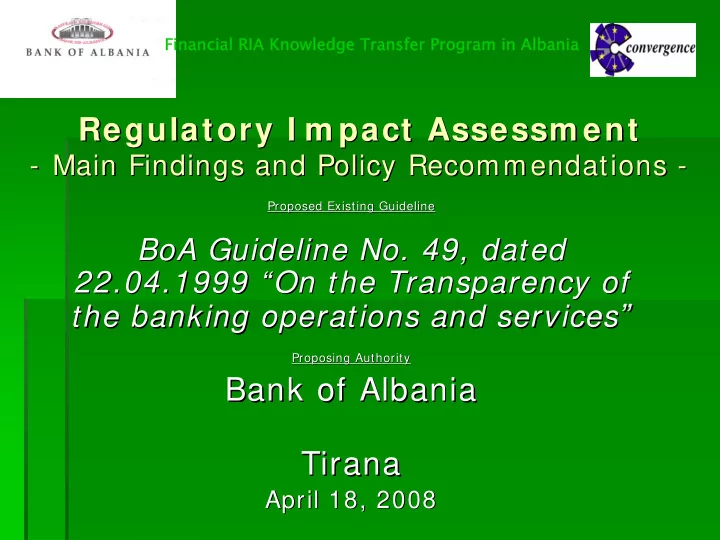 regulatory i m pact assessm ent regulatory i m pact