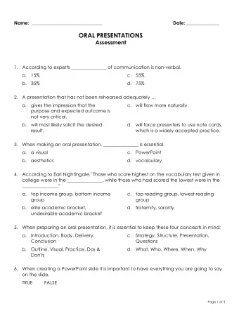 ORAL PRESENTATIONS  Assessment  1. According to experts _______________ of communication is