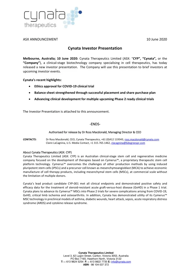 cynata investor presentation