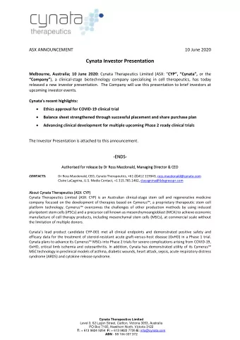 Cynata Investor Presentation Melbourne, Australia; 10 June 2020: Cynata Therapeutics Limited (ASX: