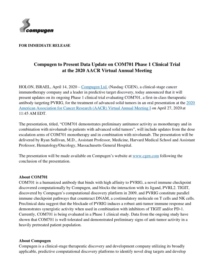 compugen to present data update on com701 phase 1