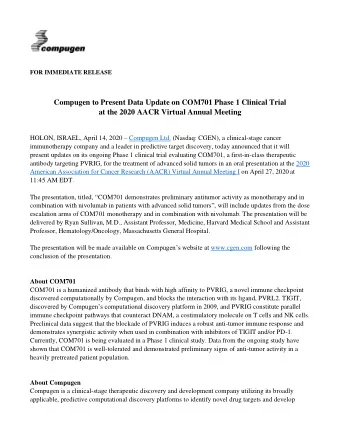 Compugen to Present Data Update on COM701 Phase 1 Clinical Trial at the 2020 AACR Virtual Annual
