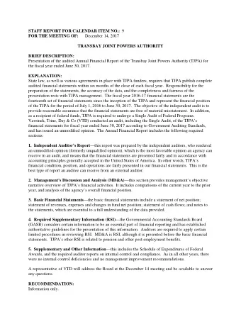 STAFF REPORT FOR CALENDAR ITEM NO.: 9  FOR THE MEETING OF: December 14, 2017  TRANSBAY JOINT POWERS