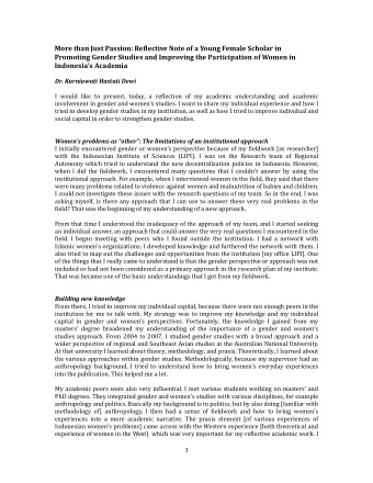 More than Just Passion: Reflective Note of a Young Female Scholar in  Promoting Gender Studies and