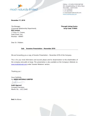 December 17, 2018  The Manager, Through Listing Centre  (Corporate Relationship Department), Scrip