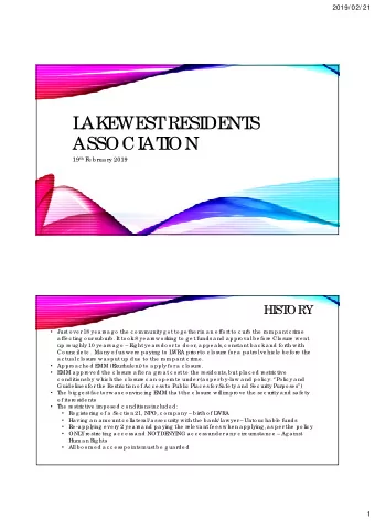 L  AK  E  WE  ST  RE  SIDE  NT  S  ASSOCI  AT  I  ON 19 th F  e b rua ry 2019  HI  ST  ORY