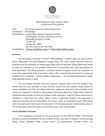 Mississippi Secretary of States Office  Jurisdictional Presentation  Title: Mississippis