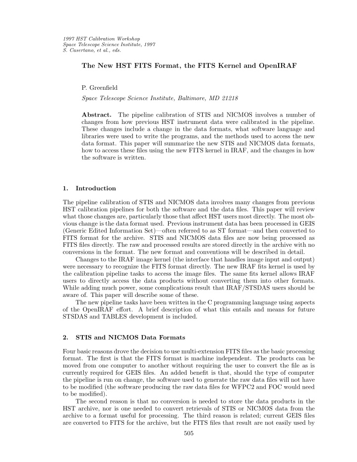 the new hst fits format the fits kernel and openiraf