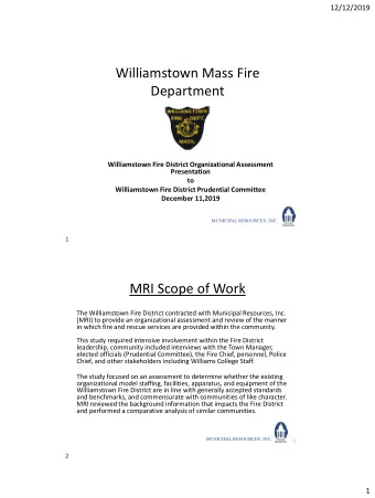 Williamstown Mass Fire  Department  Williamstown Fire District Organizational Assessment